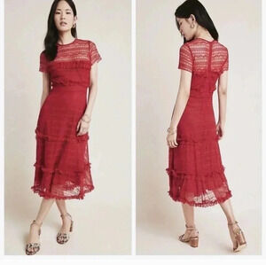 Anthropologie Vone Dashing Lace/Ruffled Midi Red Dress(2)